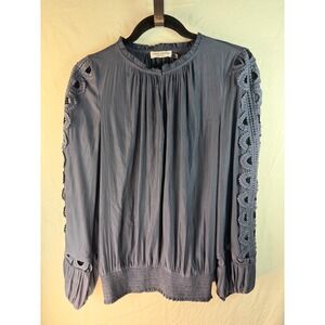 Ramy Brook Slate Blue Crochet Lace Sleeve Smocked Blouse Top Large L